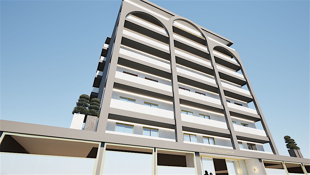 Illustration. Moderne hvid fleretagers hotel med terrasseret arkitektur, flere balkoner, blå himmel i baggrunden.
